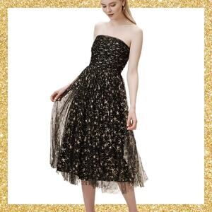 Anthro BHLDN Joanna August Rila Strapless Midi Dress Black Tulle Gold Star